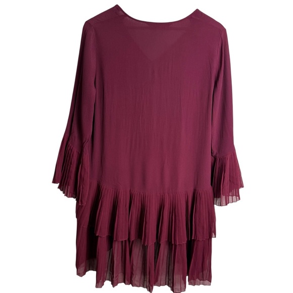 Zara Woman Contrasting Pleated Tunic Dress Burgundy Size S Bell Sleeves V Neck - Picture 7 of 11